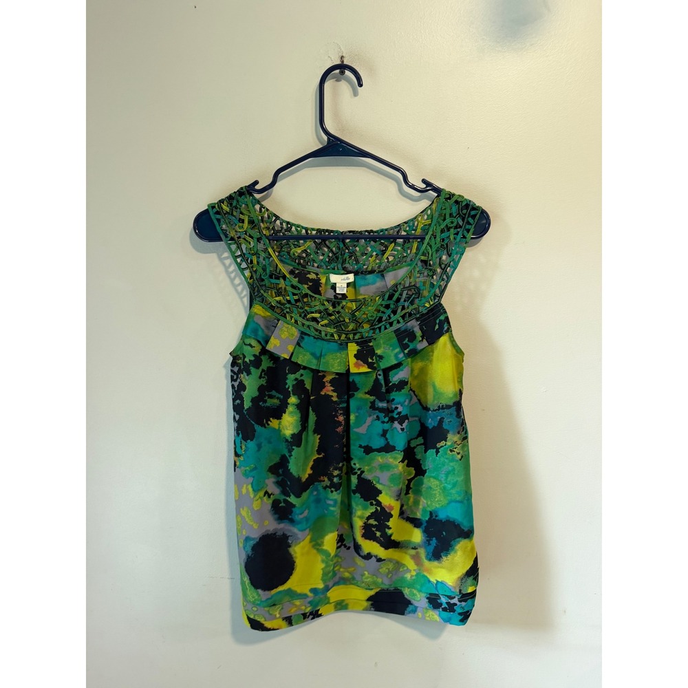 Odille Anthropologie Green Abstract Watercolor Crochet Neck Sleeveless Size‎ 4